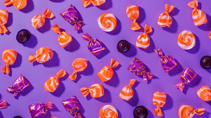 Obraz premium Colorful Halloween candies on purple background, festive holiday treats