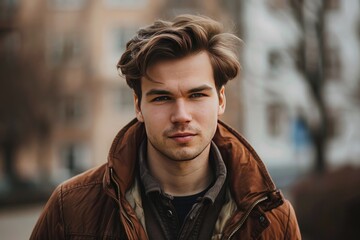 Fototapeta premium Close-up portrait of a young man with brown hair in a brown jacket looking directly at the camera