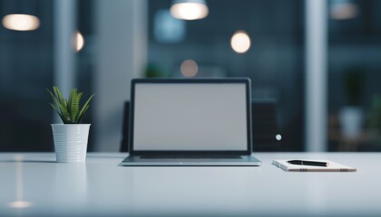 Fototapeta premium A modern workspace setup featuring a laptop, potted plant, and sleek design in a brightly lit environment.