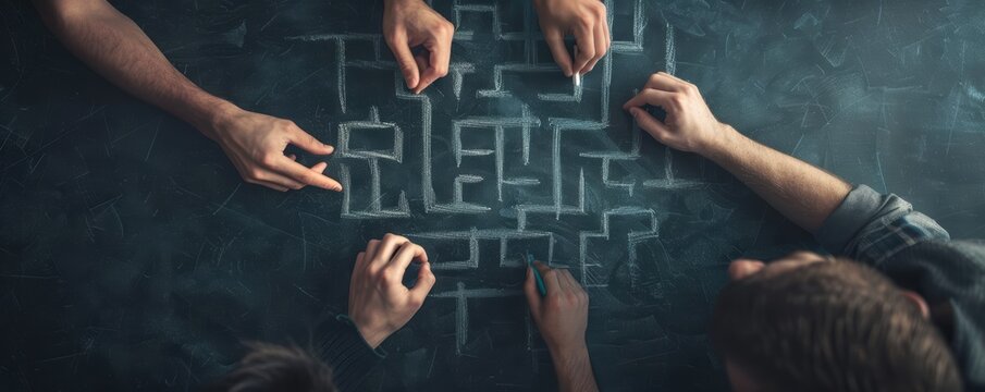 Hands solving a puzzle maze, symbolizing problem-solving or teamwork.