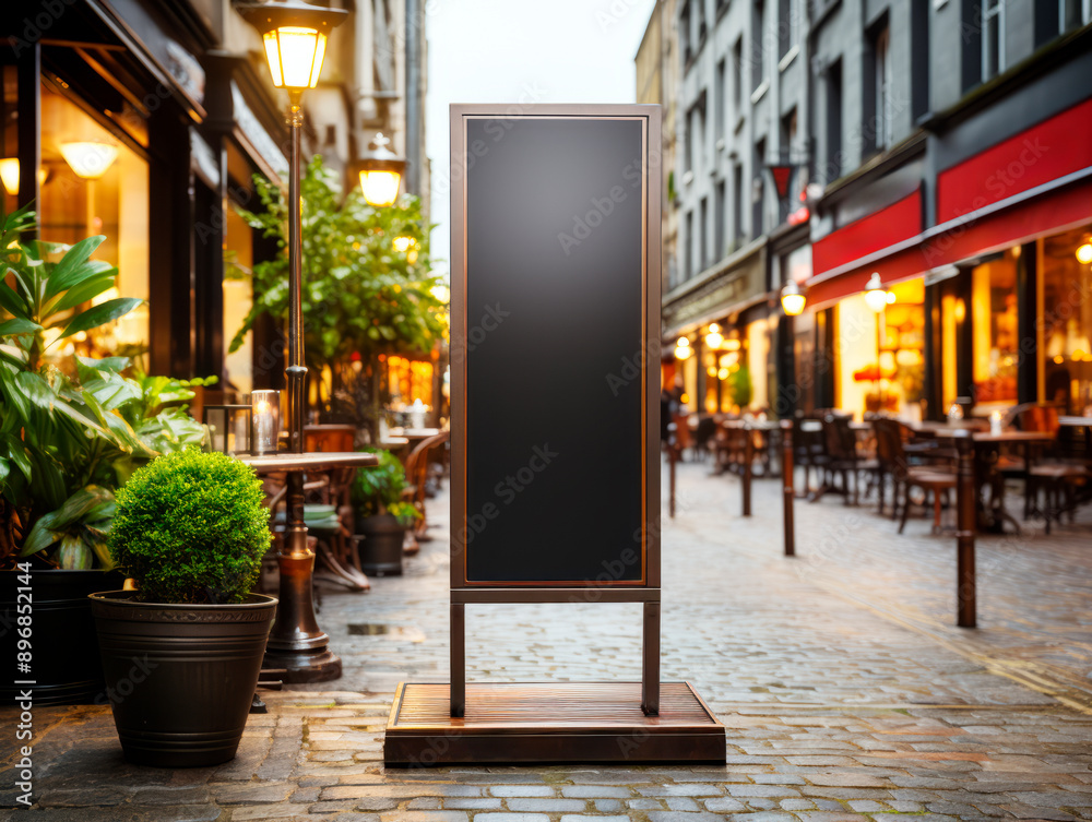 Poster outdoor menu board mockup on a lively street with cafes, blending real-life imagery with a concept o
