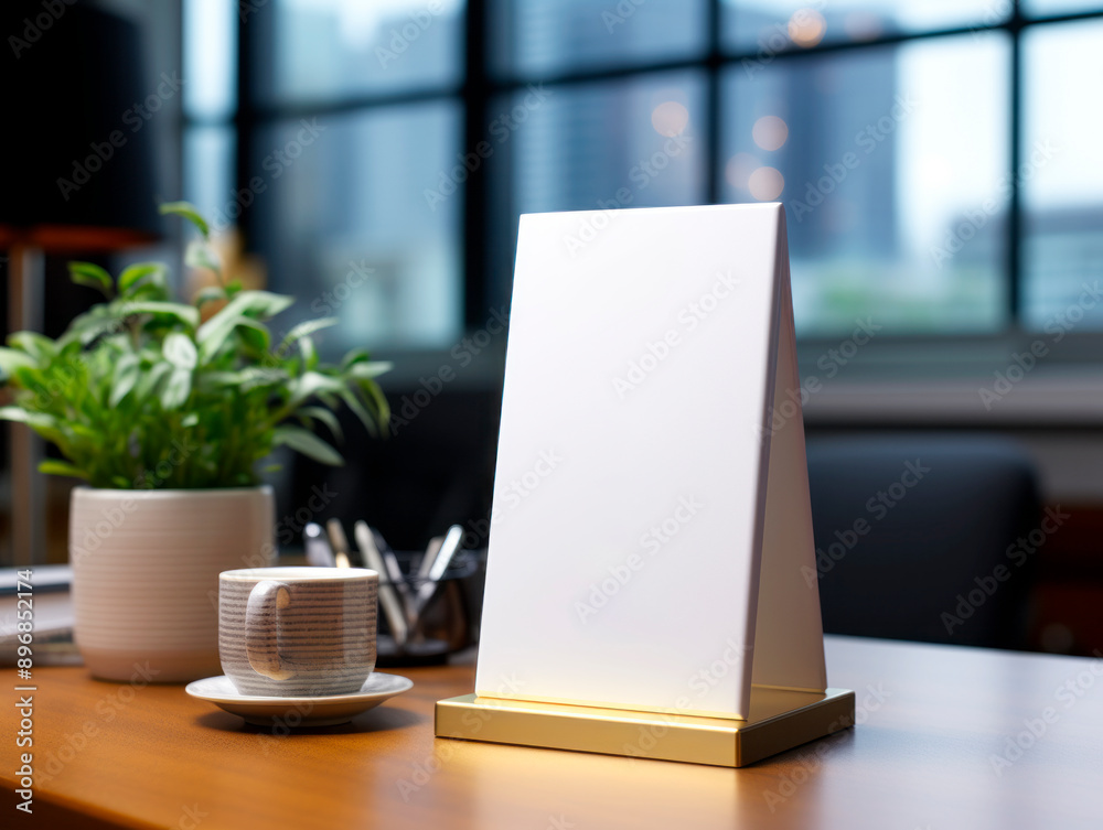 Poster a blank tabletop menu display mockup in an office setting, with a plant and a coffee cup, on a woode