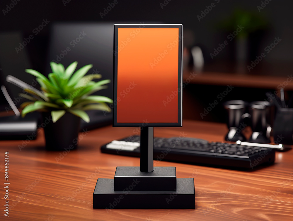 Poster an empty advertising stand mockup on a wooden desk, office tools in the background, for branding dis