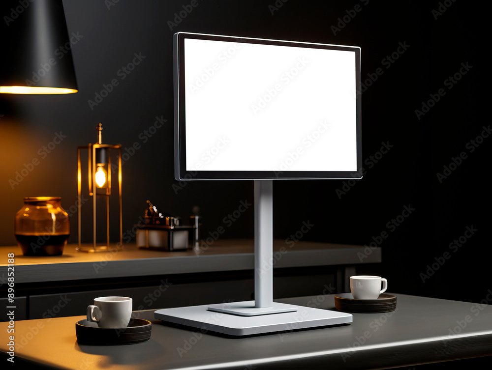 Poster blank billboard mockup on a desk with modern decor elements in a dark room, concept of branding iden
