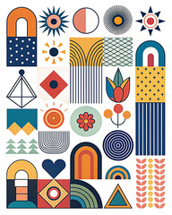 Abstract geometric shapes and icons. Brutal modern contemporary figure arch cloud vawe star oval spiral flower circle and other primitive elements. Swiss design aesthetic. Bauhaus memphis