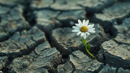 A single daisy flower blooming in dry cracked soil, symbolizing resilience and hope.