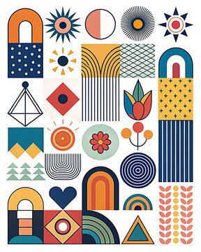 Abstract geometric shapes and icons. Brutal modern contemporary figure arch cloud vawe star oval spiral flower circle and other primitive elements. Swiss design aesthetic. Bauhaus memphis