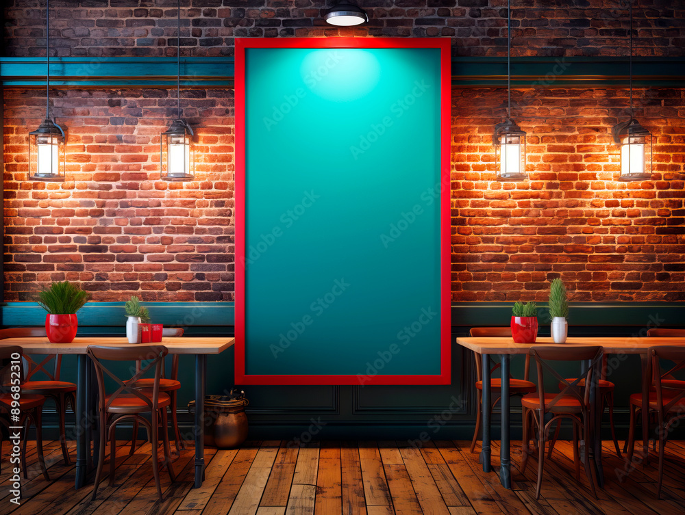 Poster a poster mockup with a teal center and red border in a stylish cafe with brick wall backdrop, concep