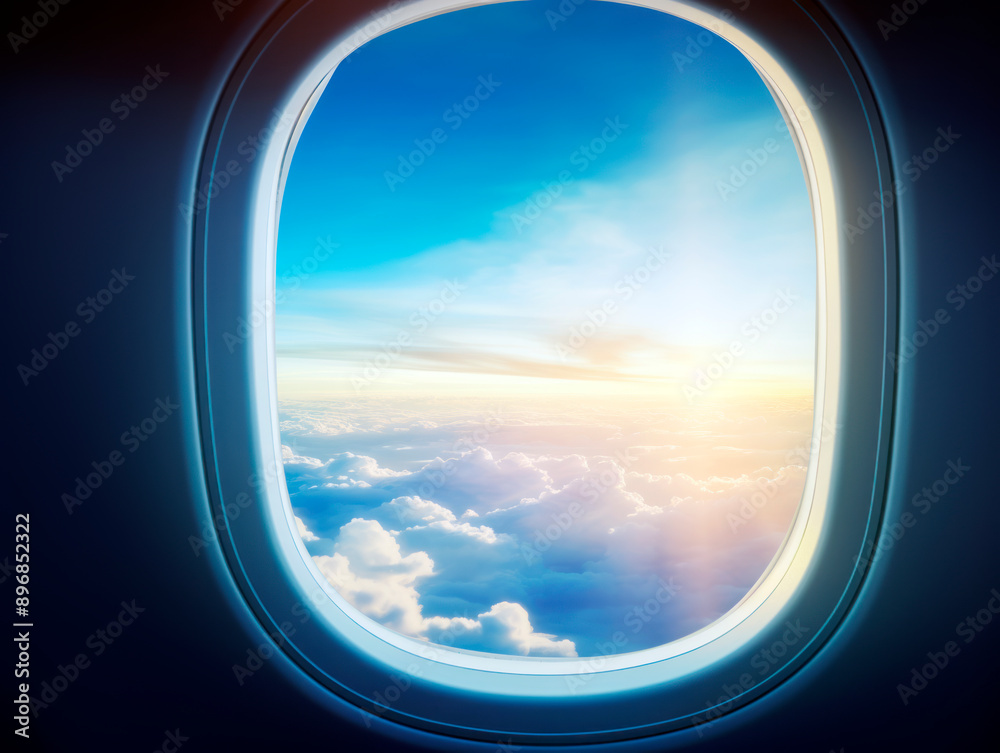 Poster a scenic view of clouds and sunrise from an airplane window, set against a photorealistic background