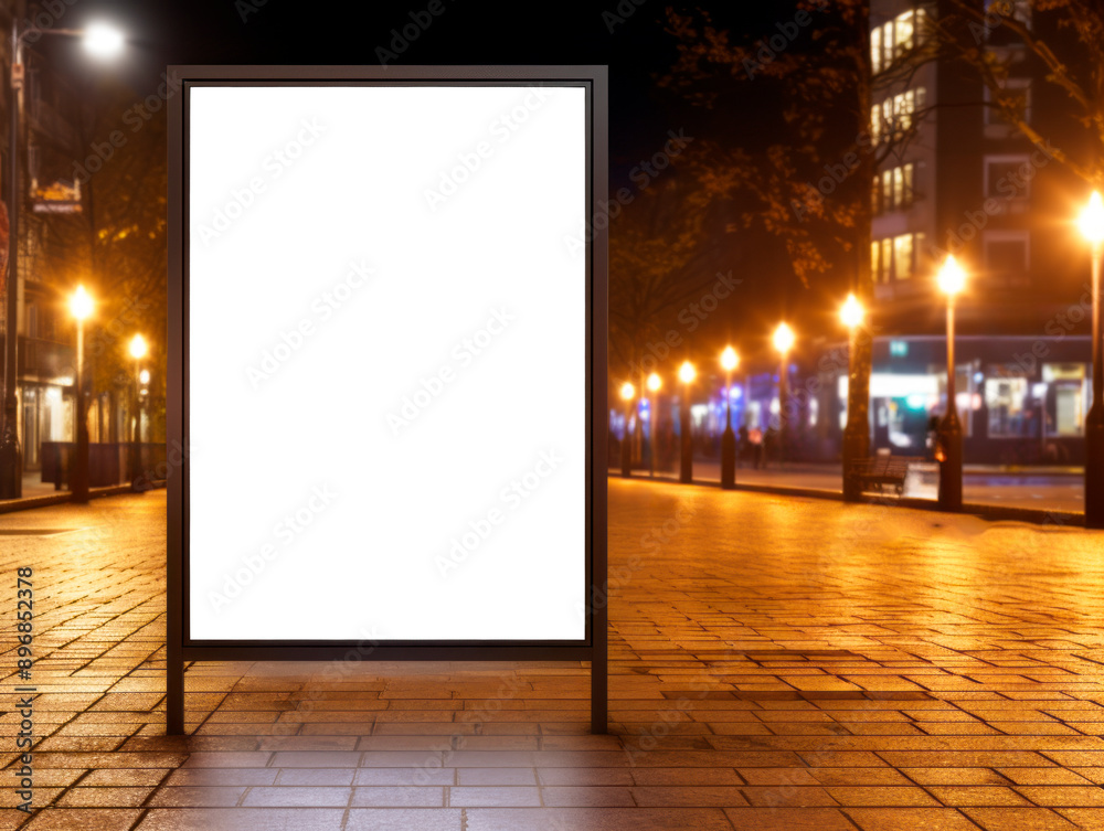 Poster an empty billboard on a city street at night, suitable for a mockup with space for branding or desig