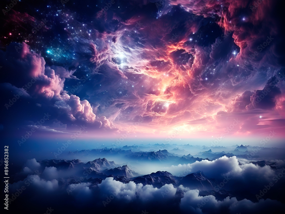 Poster a surreal landscape with mountains beneath a cosmic sky filled with stars and nebulae on a dark back