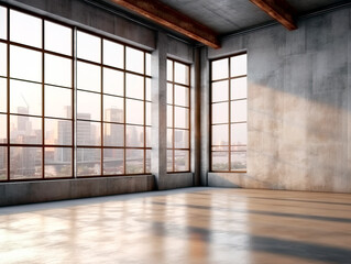 Obraz premium Empty loft room with large windows and cityscape view, featuring a concrete and wooden interior design on a daylight background, concept of modern living space. Generative AI