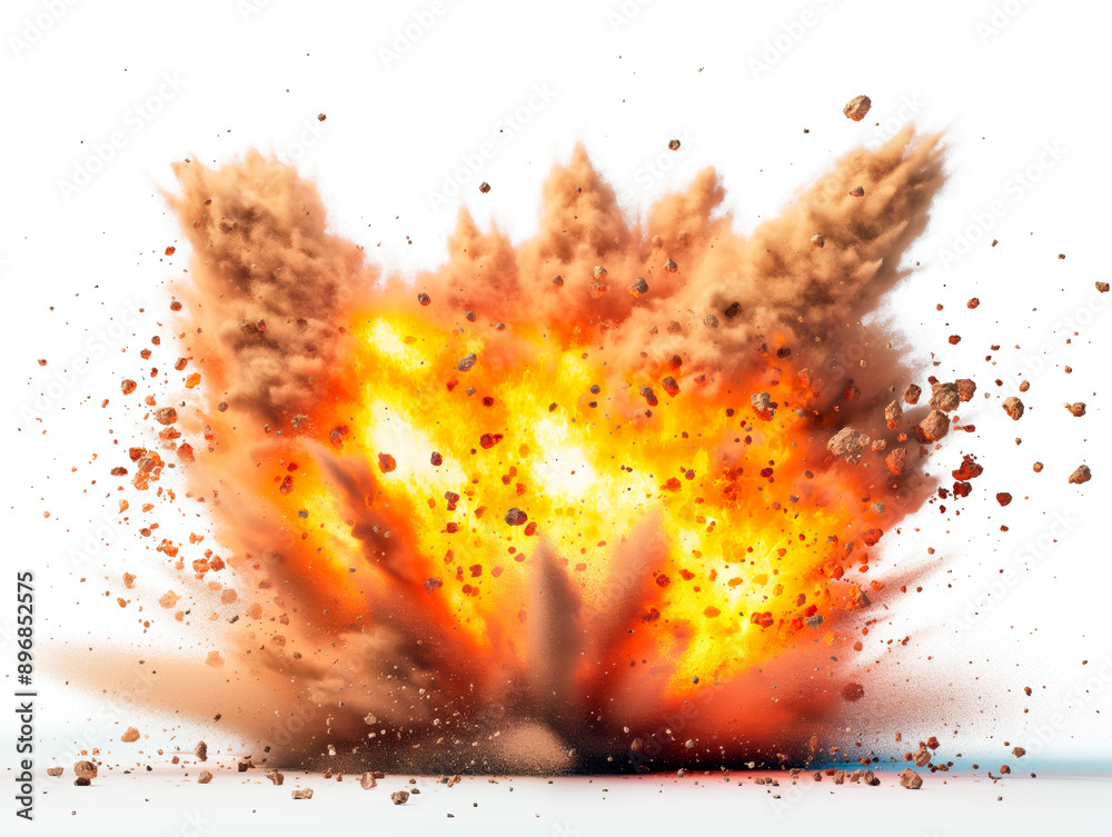 Poster an intense explosion with debris on a white background, depicting a dramatic concept. generative ai
