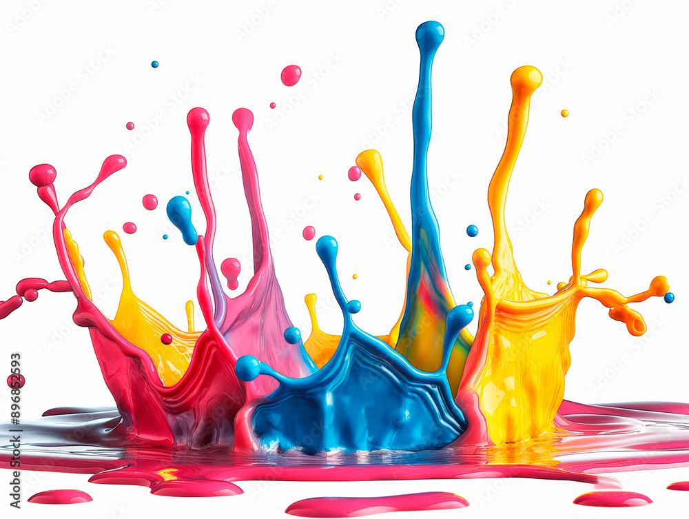 Poster Colorful paint splashes on a white background, capturing the dynamic motion of vivid colors in a creative concept. Generative AI