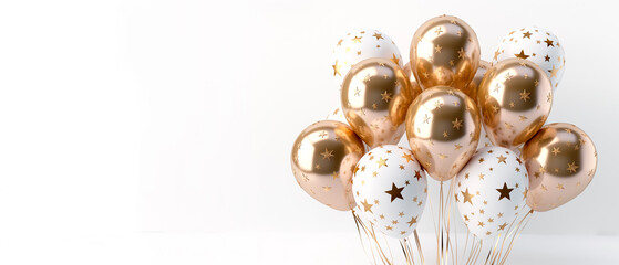 Naklejka premium A bunch of golden and white balloons with stars on a white background, concept of celebration. Generative AI