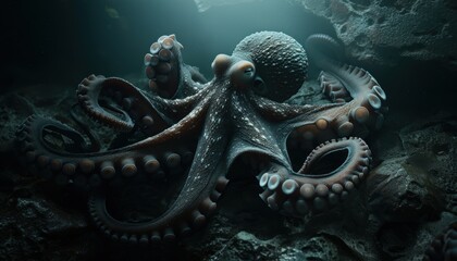 Obraz premium A large octopus with its tentacles curled around a pile of rocks, silhouetted against a dark, underwater background.