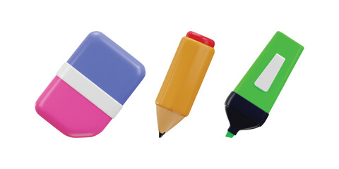 Marker pen with pencil and eraser stationery icon 3d rendering vector illustration
