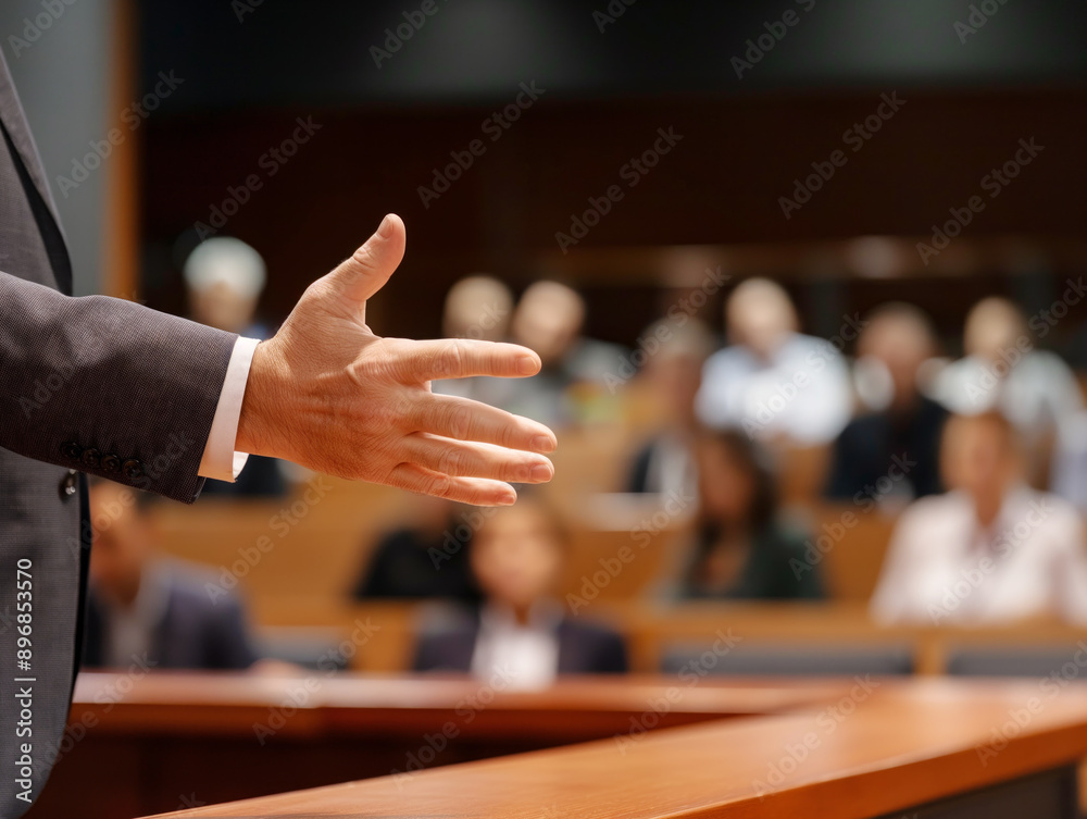 Poster outstretched hand of a professional in a suit with a blurred audience in the background, concept of 