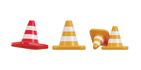 3d traffic cone icon set concept on traffic safety rubber road cone striped warning road barrier icon 3d render