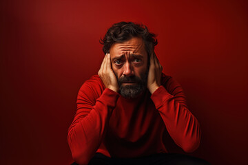 Obraz premium Male gender crying over grief on red mourning about loss. Person closes his ears does not want to listen to the bad news. background concept. Sad unhappy elderly adult man in despair. 