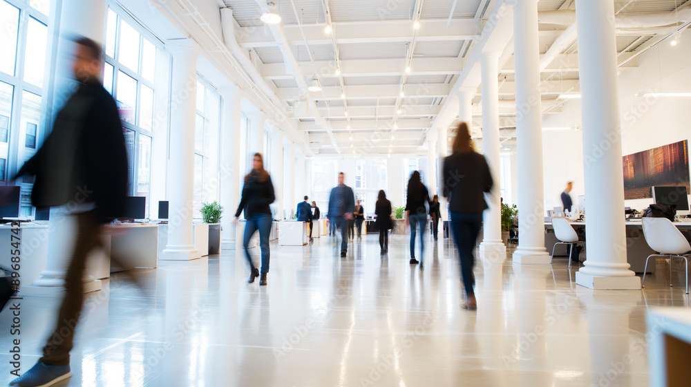 Poster blurred motion of people walking in a modern office interior with white columns and bright light. ge