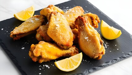 A beautifully presented slate platter holds a generous wings with lemon.generative.ai 
