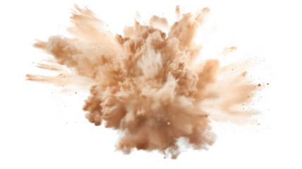 Dry Soil explosion with dirt and cloud smoke. Isolated on white background. Dirty ground abstract spread with flying particles