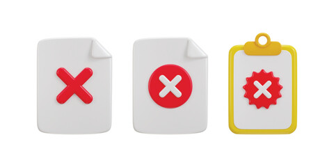 Clipboard with cross mark paper failed icon set 3d rendering vector illustration