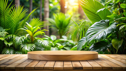 Fototapeta premium Wooden platform with green leaves background.