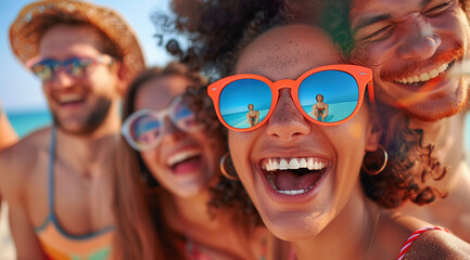 Amiable outdoor encounter - three friends, a curly-haired woman, and bearded men, sharing laughter on a sunny day, set against a green, bokeh-filled backdrop.