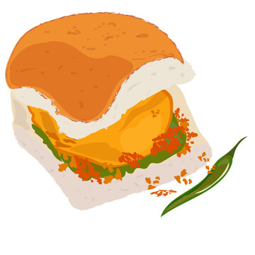 Vada Pav vector illustration, maharashtra famous vada pav, vada pao, south mumbai authentic food, mumbai famous breakfast, famous street food, bombay vada pav, spicy chutney, green chilli, garlic
