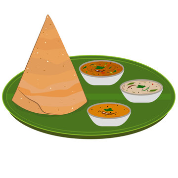 Triangle Cone shape Crunchy Dosa Sambhar Chutney vector Illustration, South Indian Authentic Food, Dosa Sambhar Illustration, Indian Breakfast, Healthy Indian Breakfast, idli dosa, chutney, gun powder