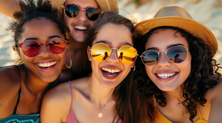 carefree outdoor amusement with three friends, showcasing a curly-haired female in shades, bearded gentlemen, and a serene green environment with bokeh.