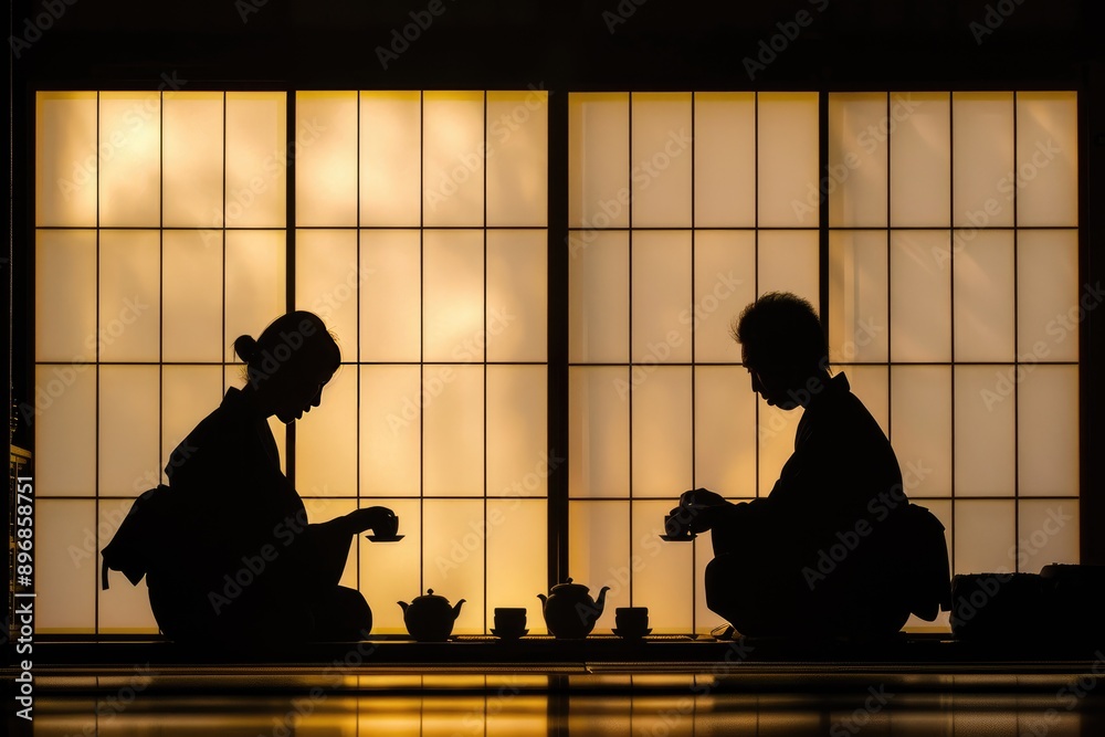 Wall mural Two Silhouettes Enjoying Tea in a Japanese Setting