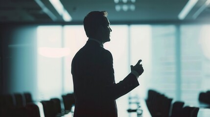 Manager conducting a motivational speech with impactful body language and confident posture in a conference room