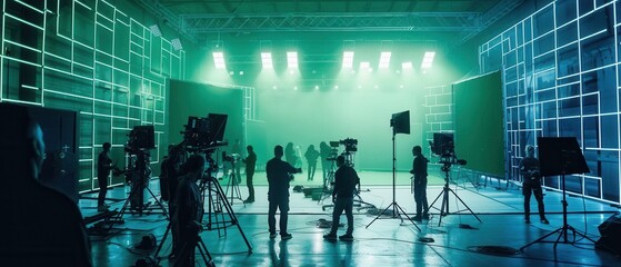 Glimpse into a futuristic film studio with green screens motion capture equipment and crew members orchestrating scenes