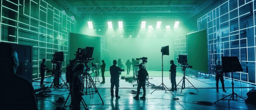 Glimpse into a futuristic film studio with green screens motion capture equipment and crew members orchestrating scenes