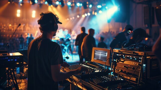 Behind-the-scenes of a bustling live concert with musicians sound engineers and stagehands preparing for a show