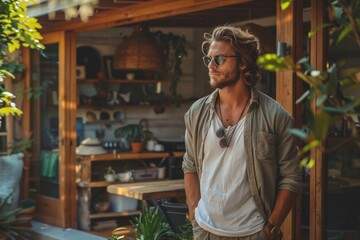 Obraz premium Man in casual wear standing in a cozy, plant-filled home area