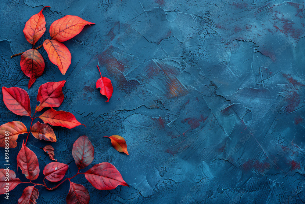 Poster autumn background with colored red leaves on blue slate background. top view, copy space,