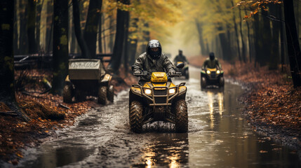 a quad moving trough the mud with two riders on it