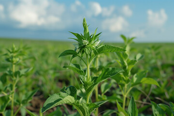 Obraz premium Amidst the beauty of the countryside, a young Withania plant can be seen growing in a field, exemplifying their dicotyledonous traits