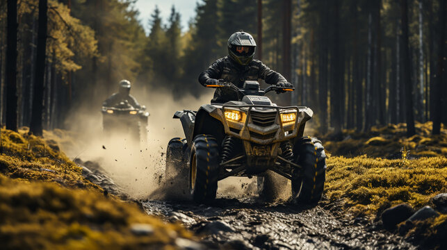 a quad moving trough the mud with two riders on it