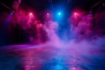 The dark stage shows, empty dark blue, purple, pink background, neon light, spotlights, The asphalt floor and studio room with smoke float up the interior texture for display products