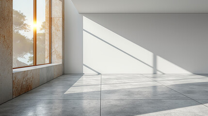 Obraz premium A blank white wall has sunlight reflecting from the window onto the smooth floor.