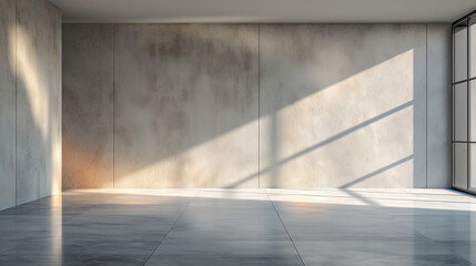 Obraz premium A blank white wall has sunlight reflecting from the window onto the smooth floor.