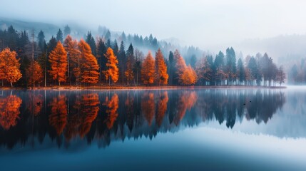 Obraz premium Stunning Autumn Forest Reflected in Calm Lake with Misty Mountains in the Background