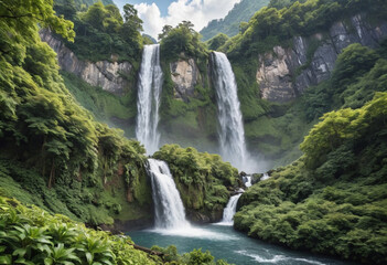  A majestic waterfall cascading down a lush mountainside. 