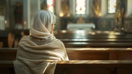 Fototapeta premium Elderly Woman Praying in a Nearly Empty Church with Shallow Depth of Field, Focus on the Woman, Reflective and Serene Atmosphere