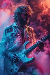 Obraz premium Guitarist performing energetically in vibrant smoke-filled stage light